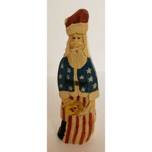Santa Claus in Blue coat w stars, red & white pants,faux wood carved, 9"(SC27)